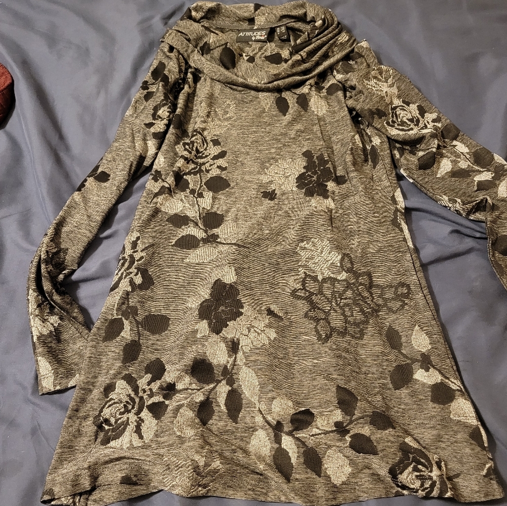 Attitudes by Renee cowlneck Pullover Sweater Women Sz XXS Gray Black Floral NWT